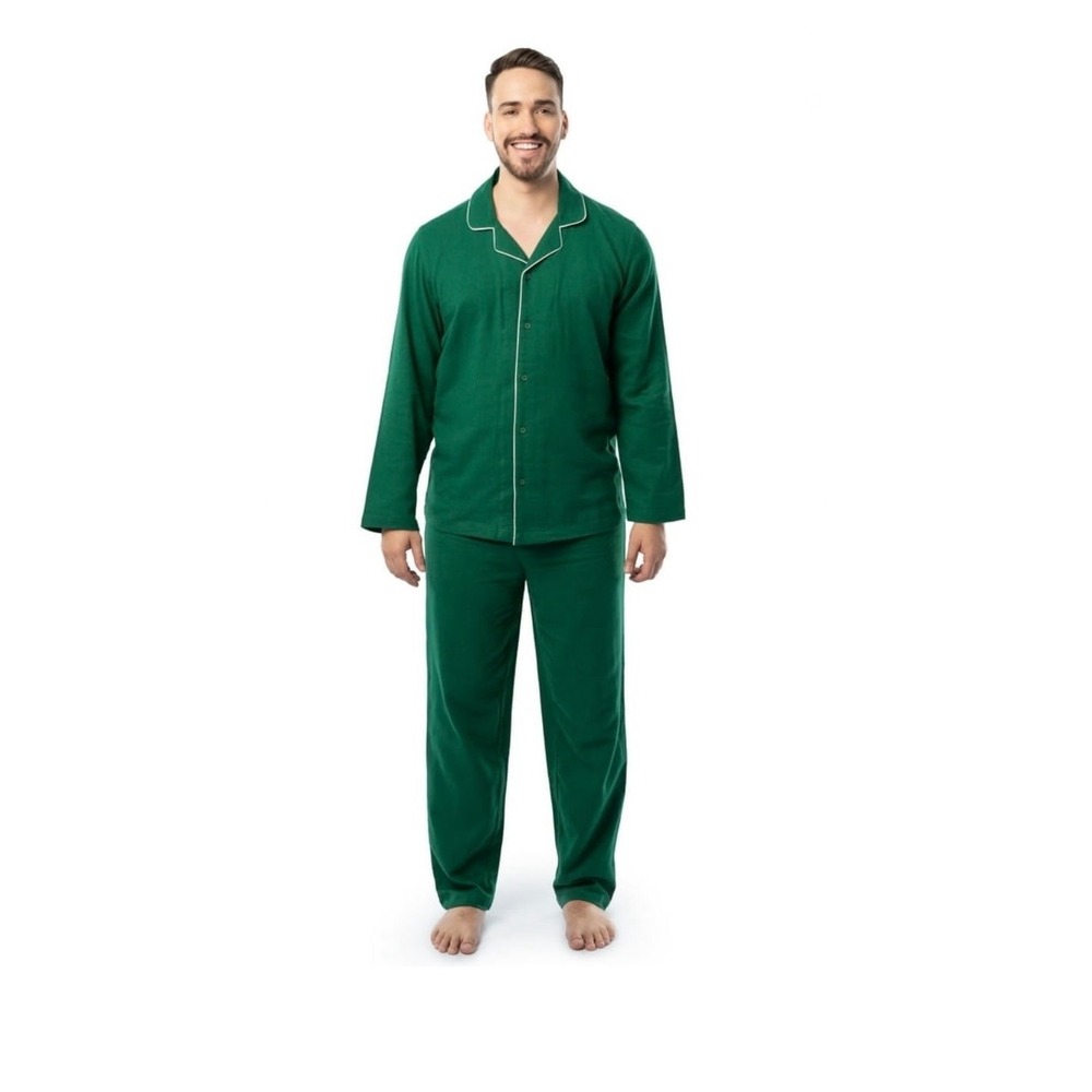 Fruit of the Loom Mens Flannel Pajama Set Green Long Sleeve Sleepwear Medium NEW